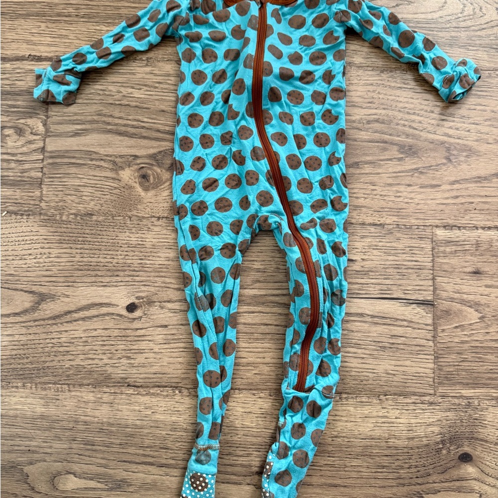 Kickee Pants Turquoise Blue Footed Pajamas with Brown Polka Dots